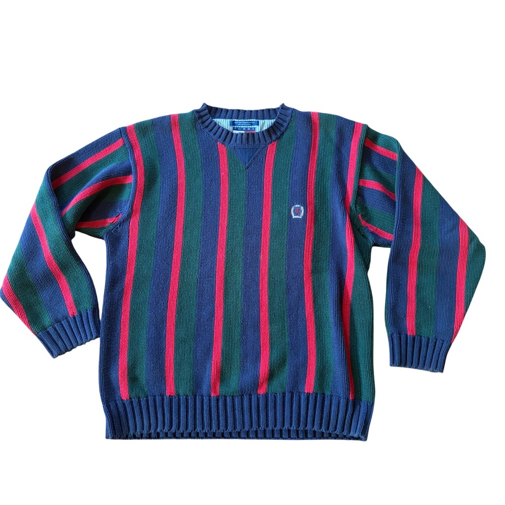 Vintage 90s Tommy Hilfiger Cotton Oversized Stripe Sweater Medium Blue Red Green